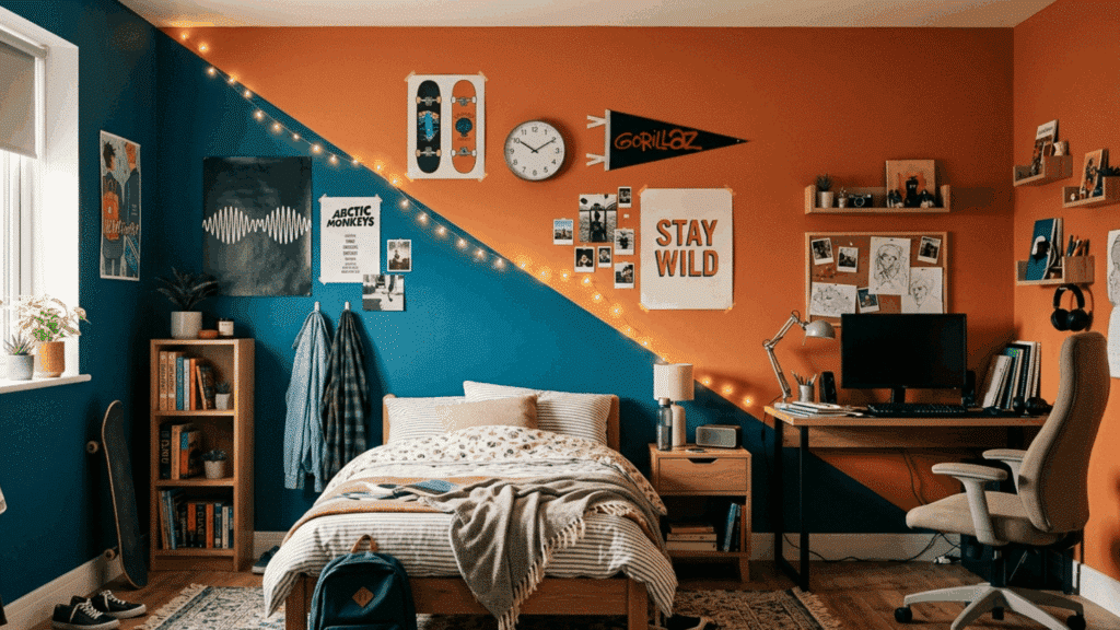 teen bedroom wall painted in two colors divided by a bold diagonal paint line for a dynamic modern look