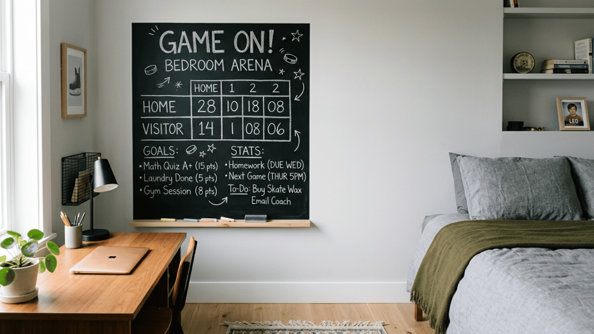 teen bedroom with chalkboard wall designed like scoreboard for creative use