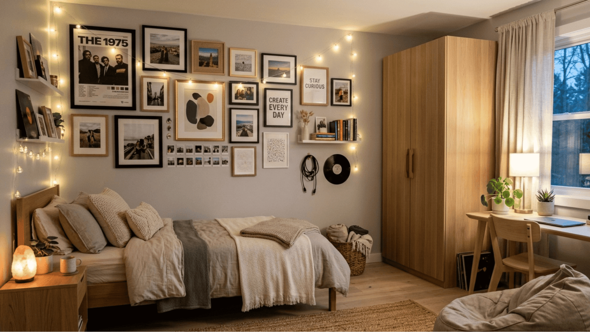 teen bedroom with gallery wall of framed photos and posters in modern layout