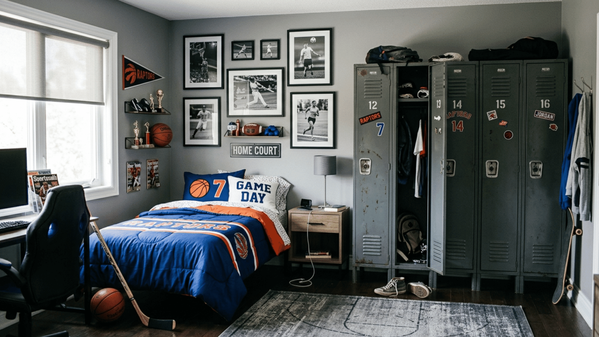 teen bedroom with gym locker storage and sporty industrial style design