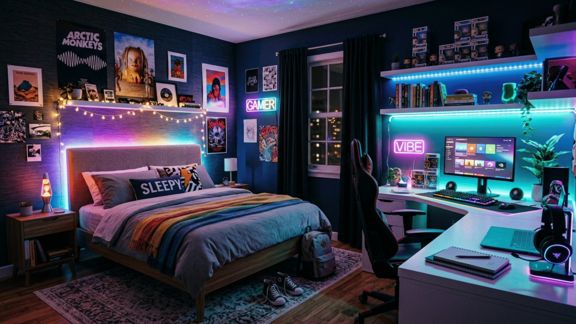 teen bedroom with led strip lights creating modern glowing ambiance