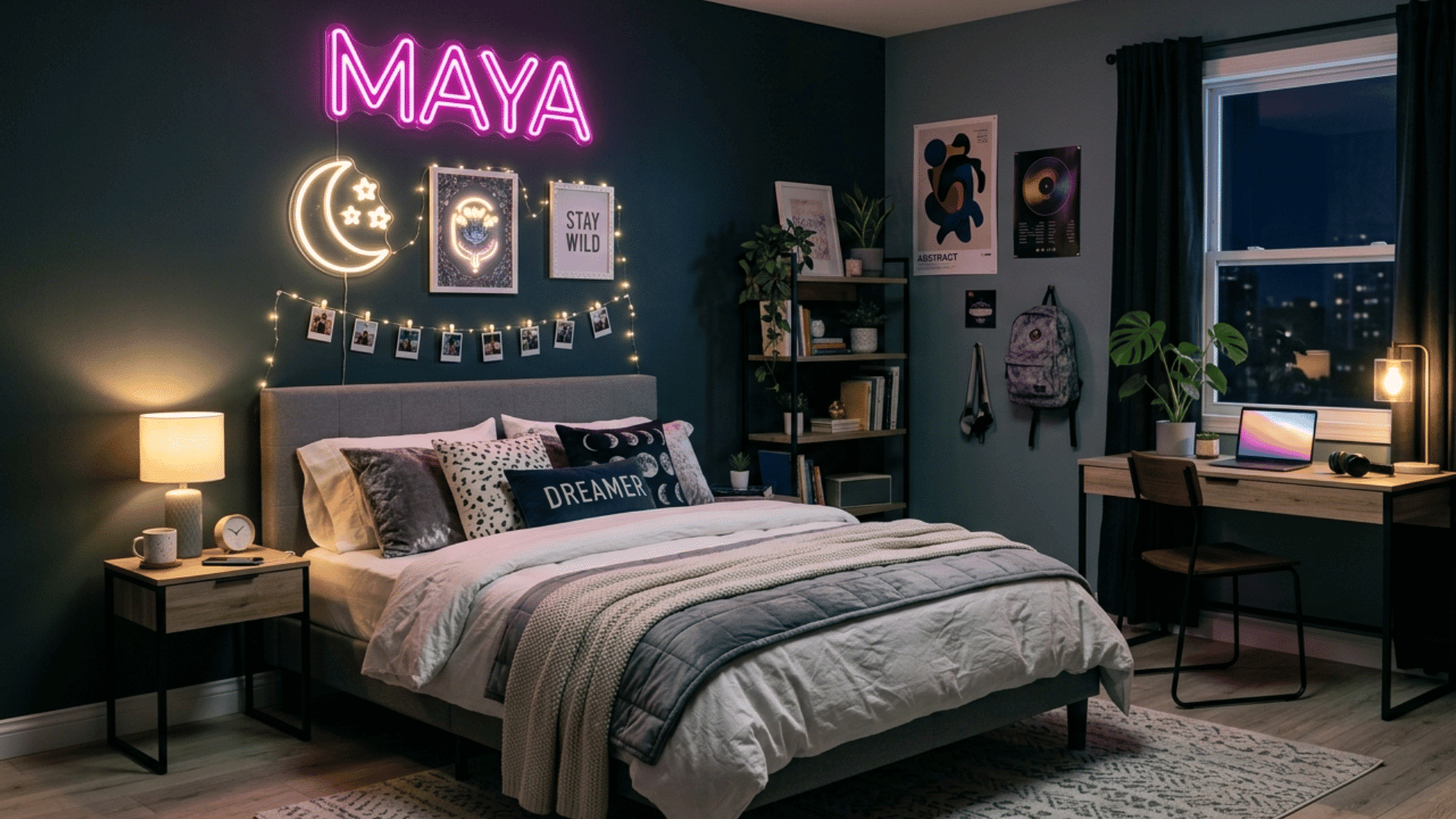 teen bedroom with neon name sign above bed and modern minimal decor