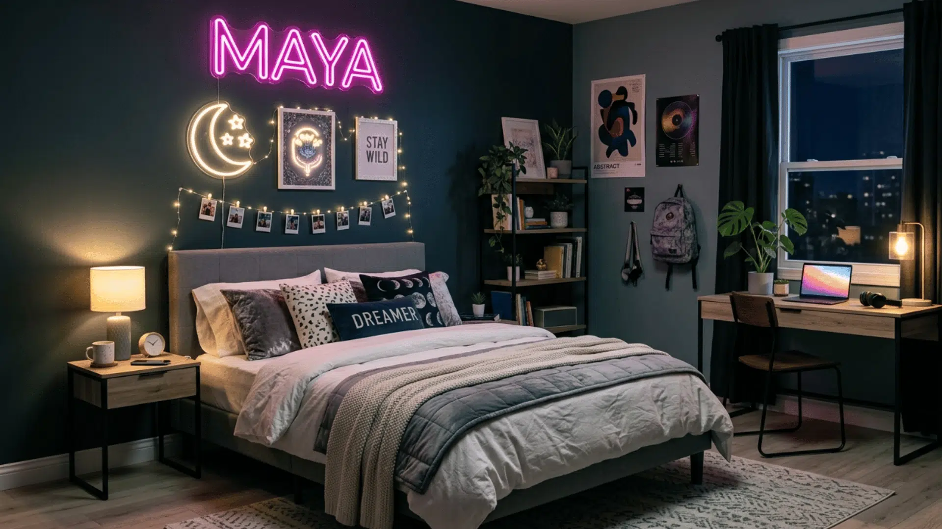 teen bedroom with neon name sign above bed and modern minimal decor