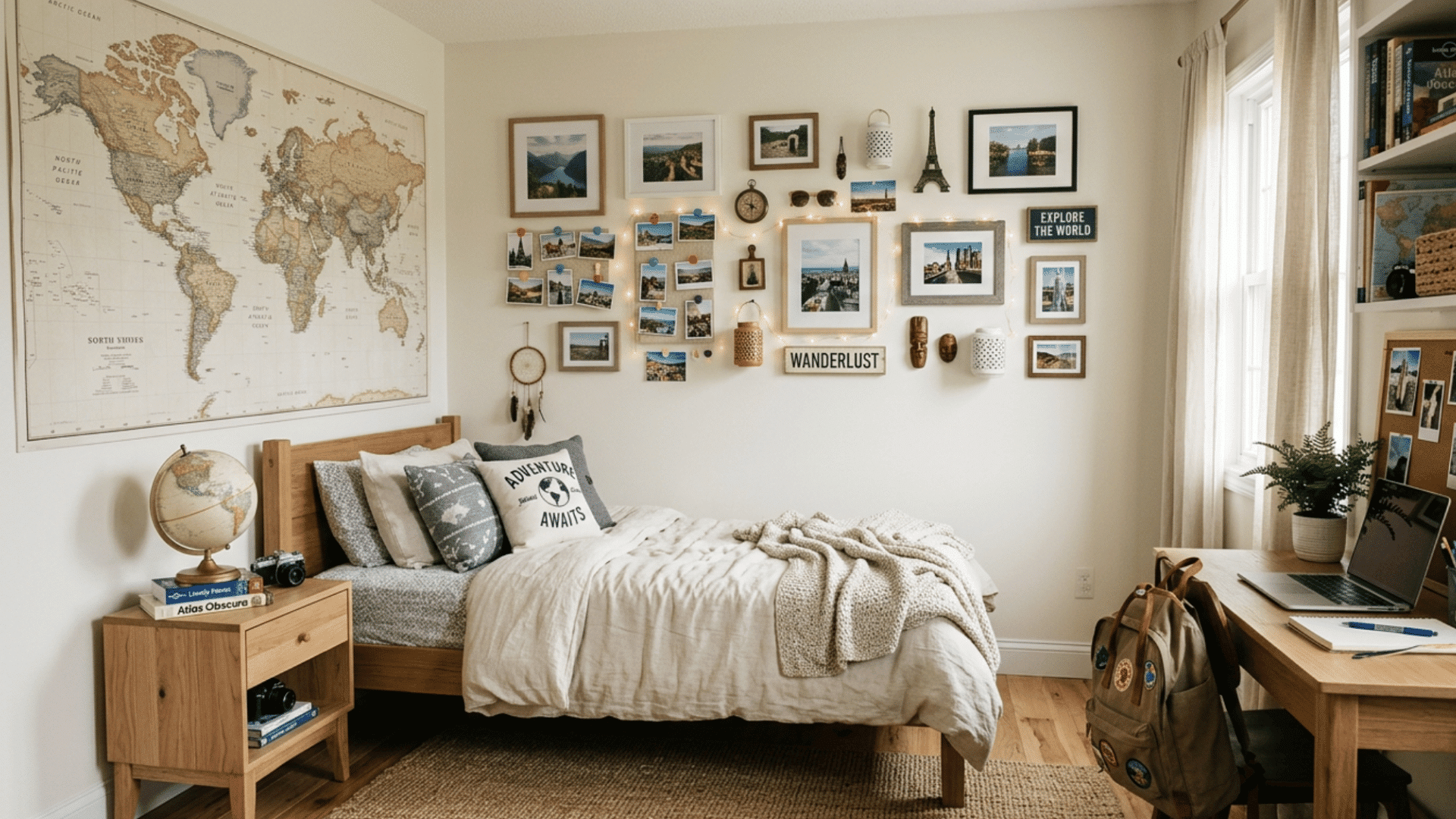 teen bedroom with travel theme world map wall decor and personal souvenirs