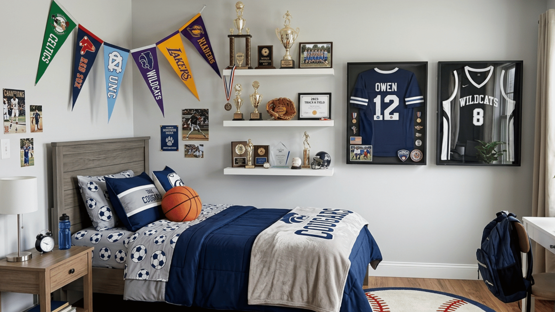 teen bedroom with trophy shelves and framed jerseys display wall