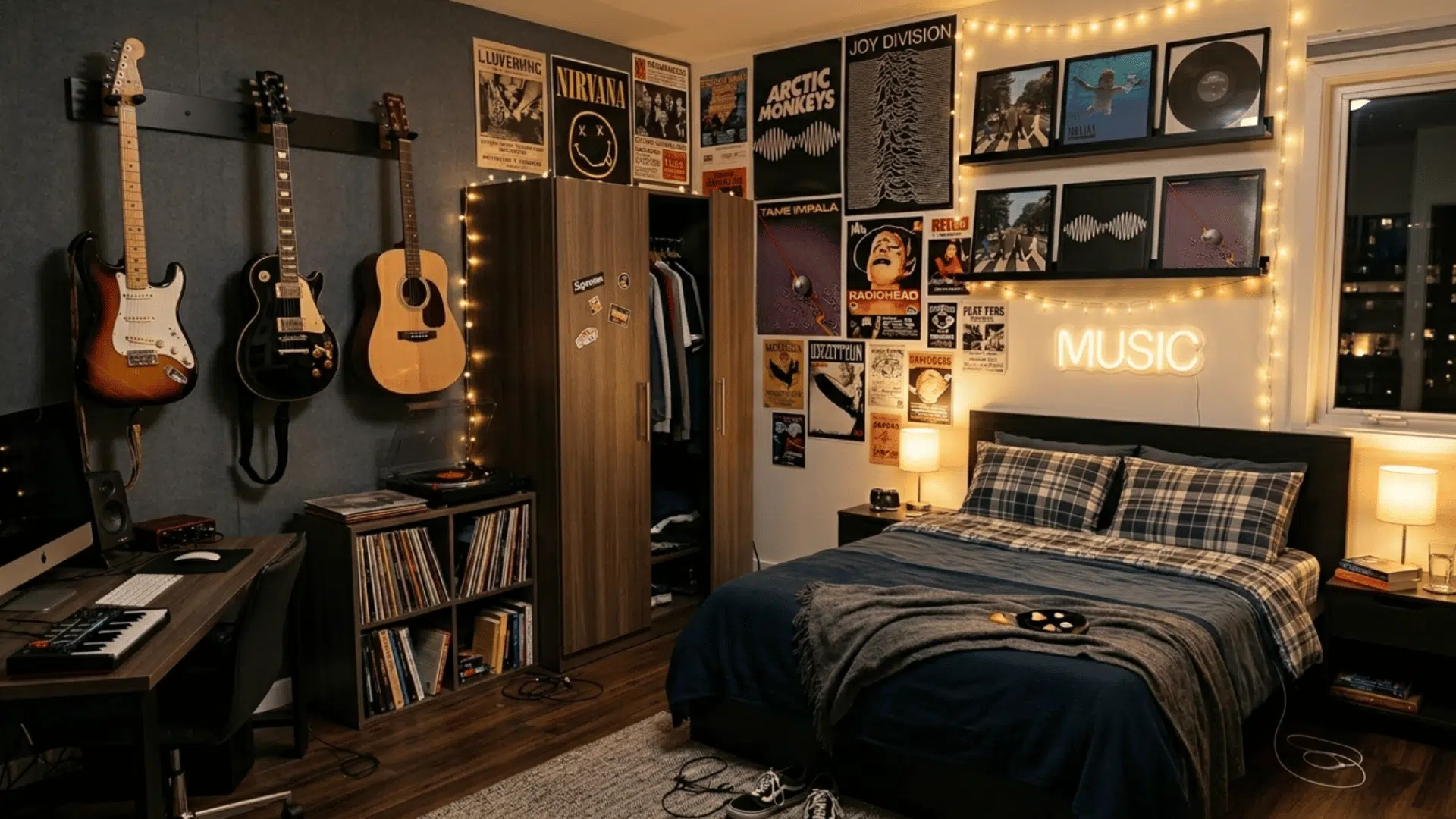 teen boy bedroom music theme with guitars vinyl records and posters on wall