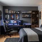 teen boy bedroom with gaming setup led lights posters shelves modern bed and clean organized space