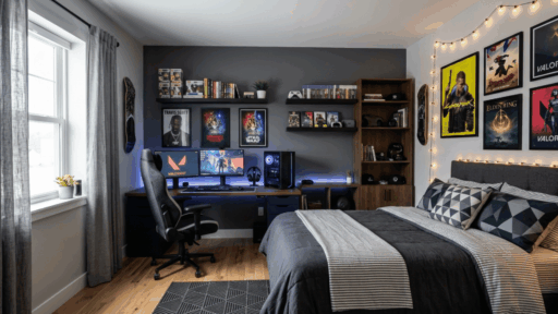 teen boy bedroom with gaming setup led lights posters shelves modern bed and clean organized space