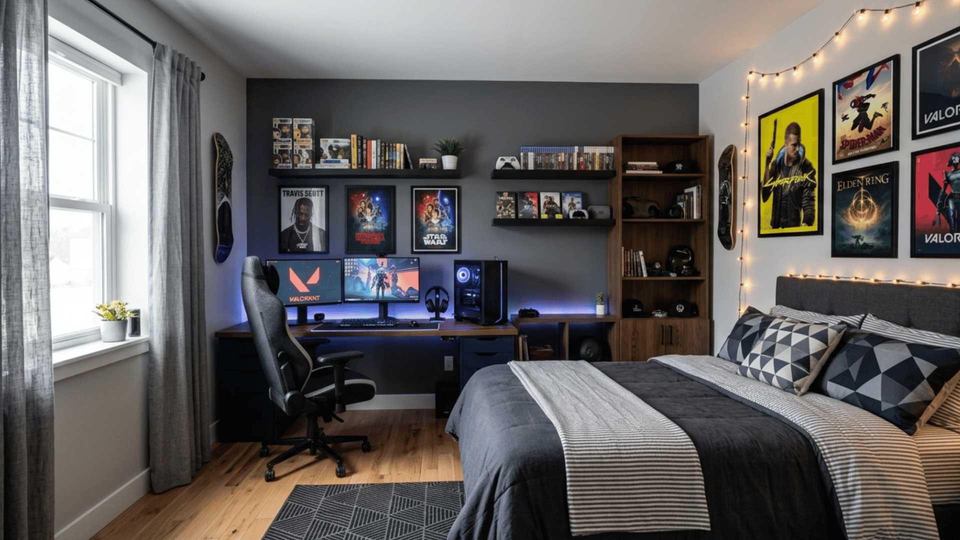 teen boy bedroom with gaming setup led lights posters shelves modern bed and clean organized space
