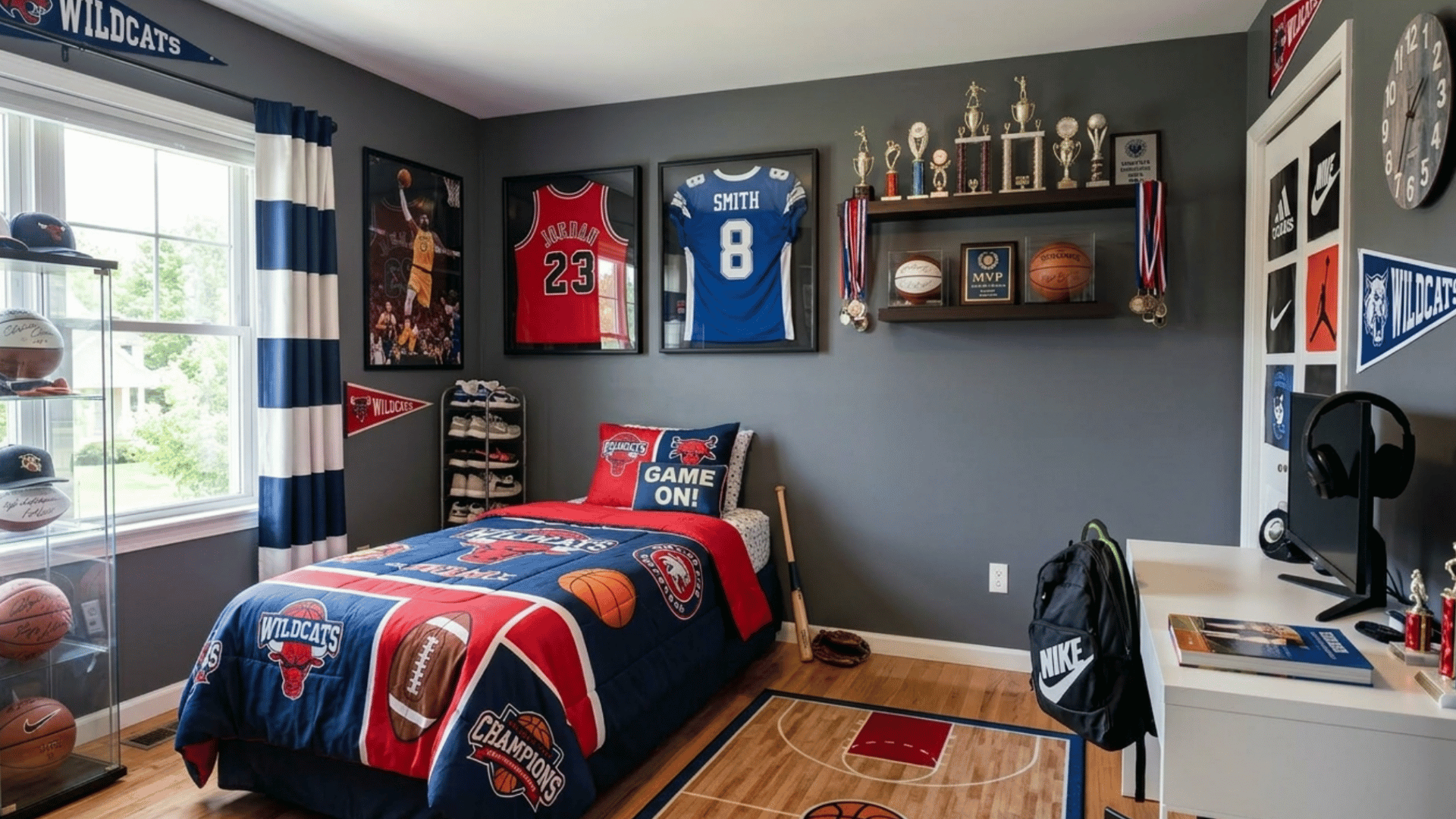 teen boy sports themed bedroom with jerseys trophies and team color decor in a modern setup