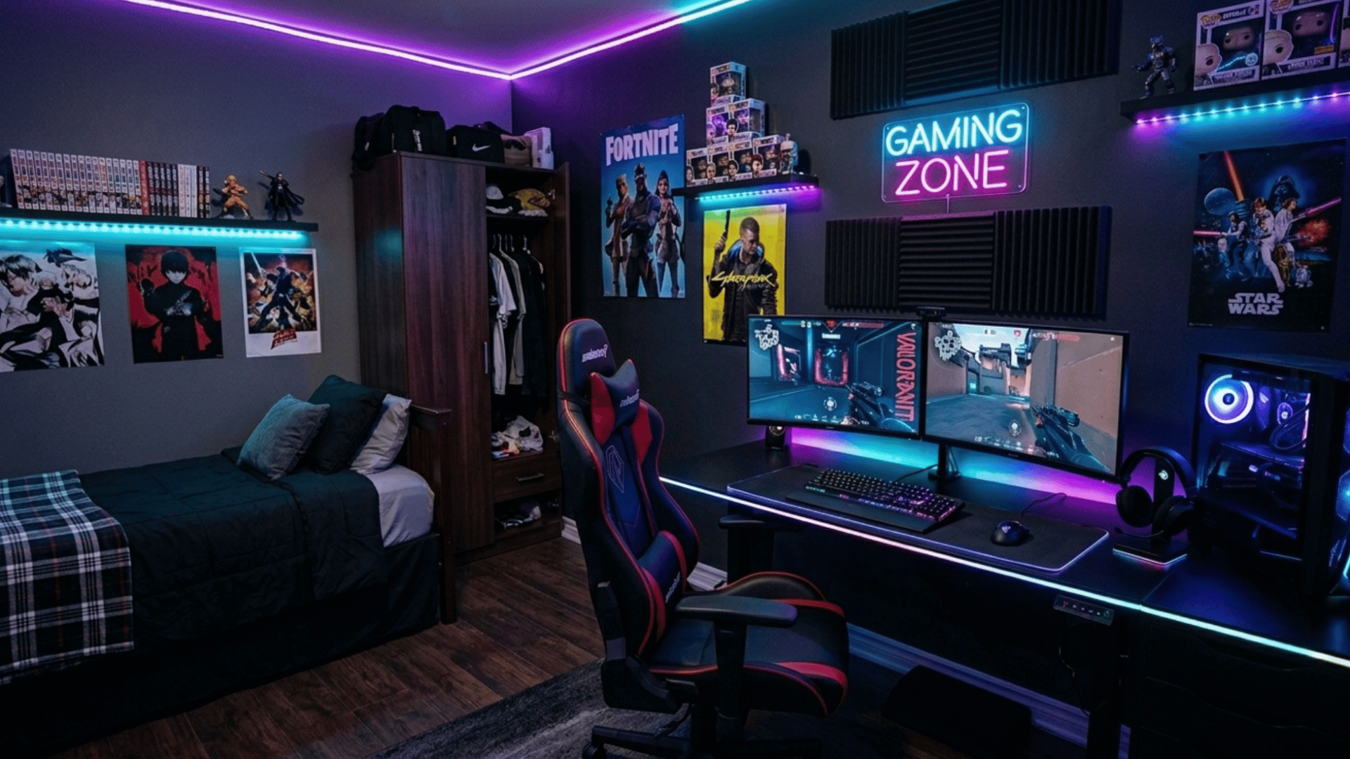 teen gaming bedroom setup with led lights dual monitors and modern desk with clean layout