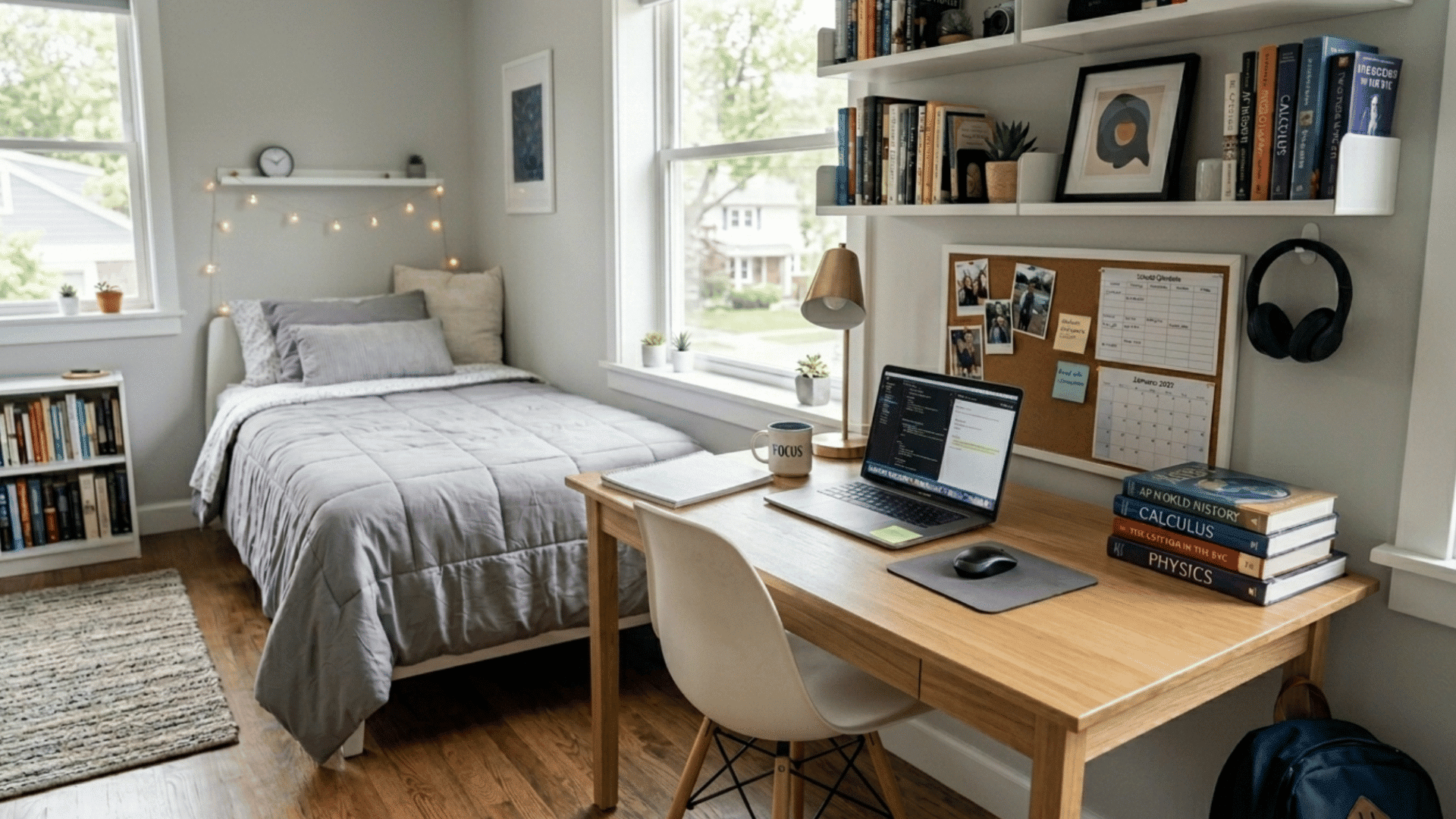 teen study bedroom with clean desk natural light and organized shelves for focused workspace