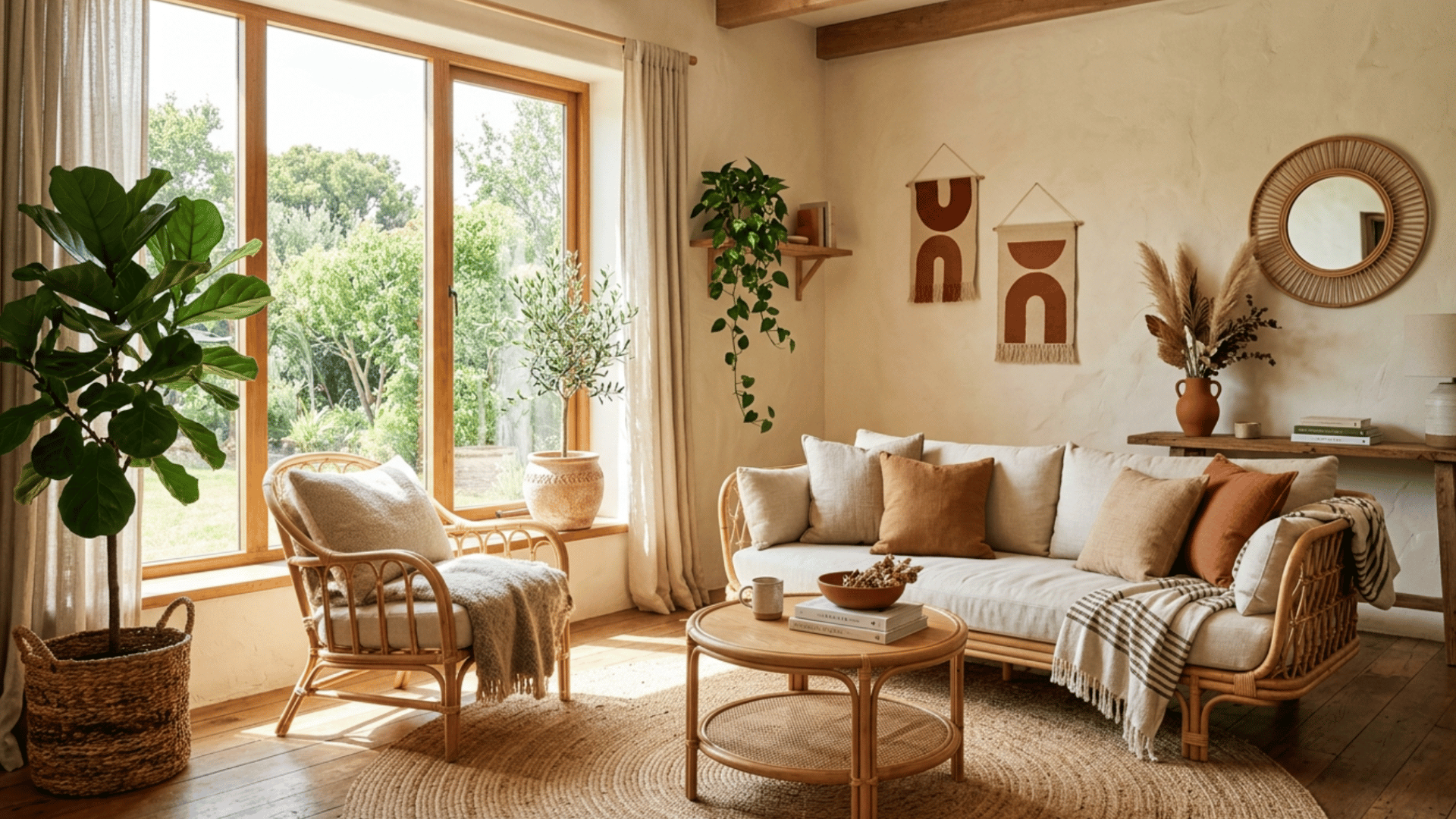 terracotta and cream living room with rattan decor and indoor plants