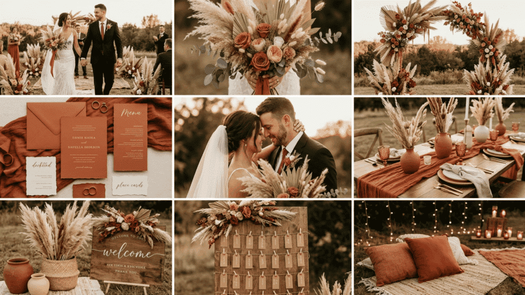 terracotta and rust wedding color scheme collage with dried florals warm tones and decor