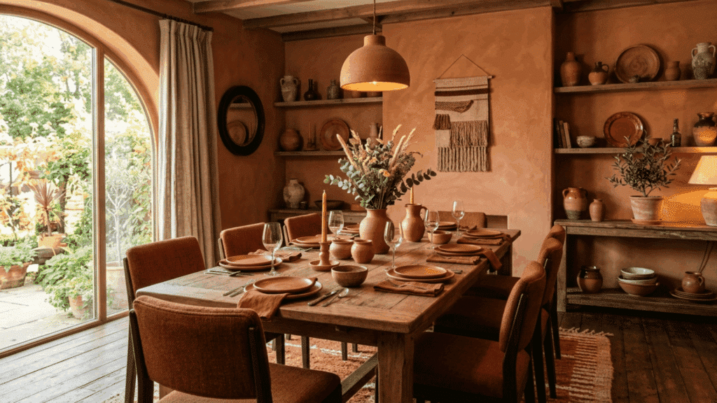 terracotta dining room with clay walls, rust chairs, and warm ambient lighting