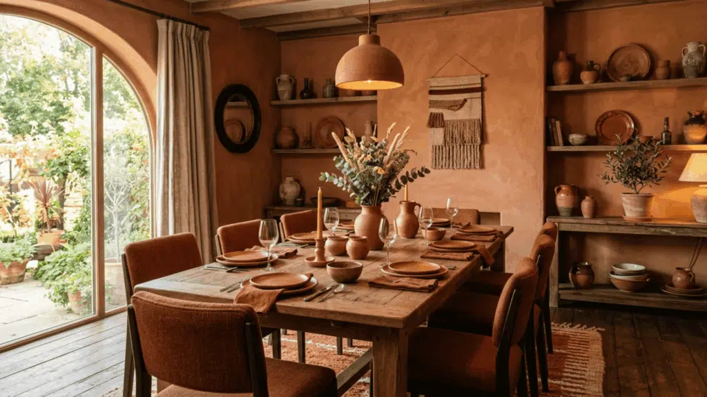 terracotta dining room with clay walls, rust chairs, and warm ambient lighting