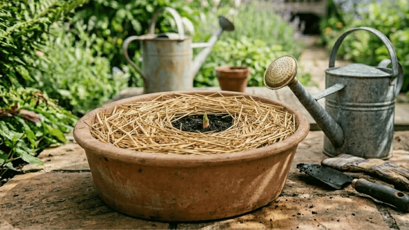 terracotta pot filled with soil and straw mulch in a lush garden setting, with watering cans and tools arranged around for planting