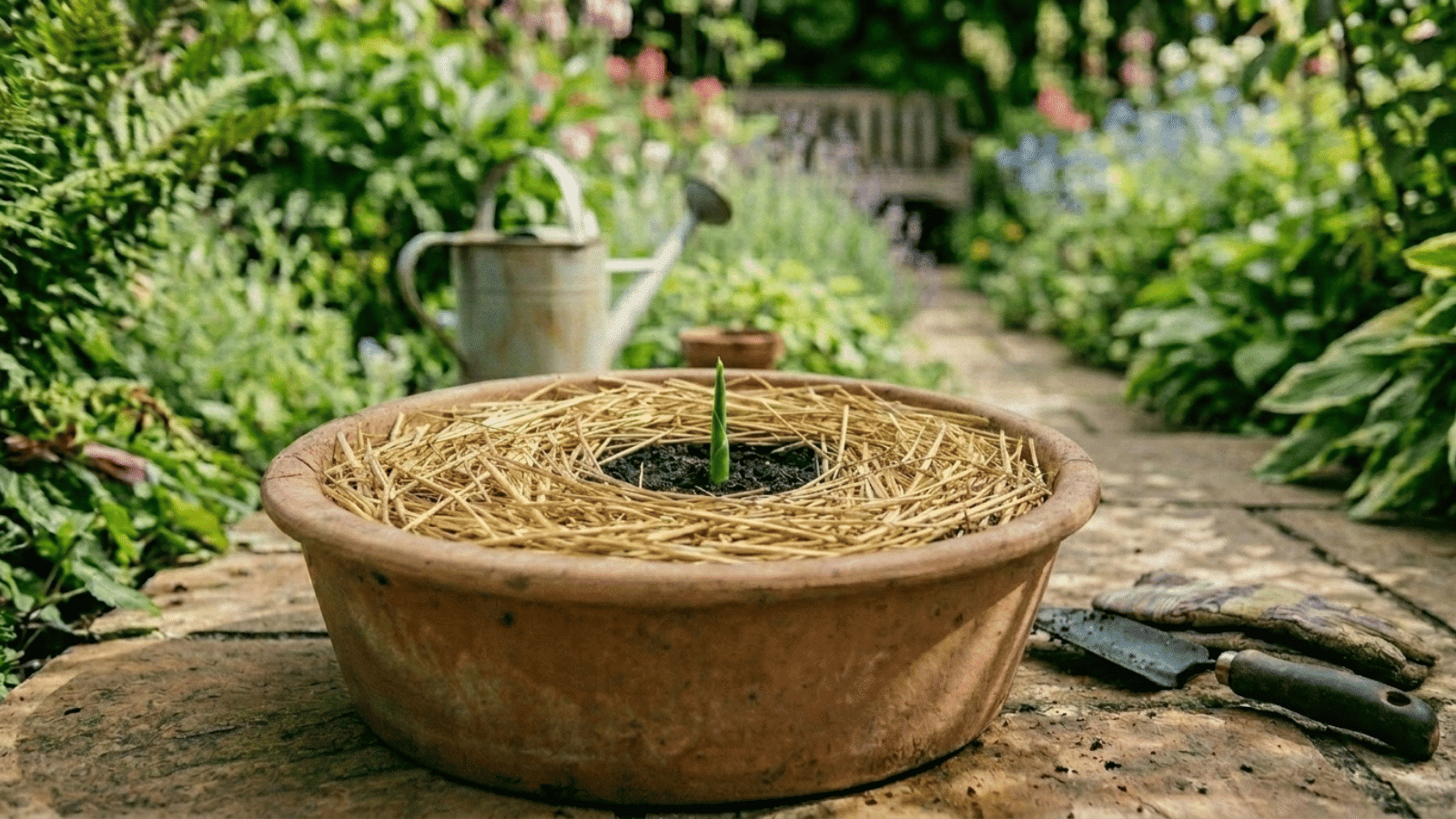terracotta pot with straw mulch and a young green sprout emerging from soil, set in a lush garden with tools and watering can nearby