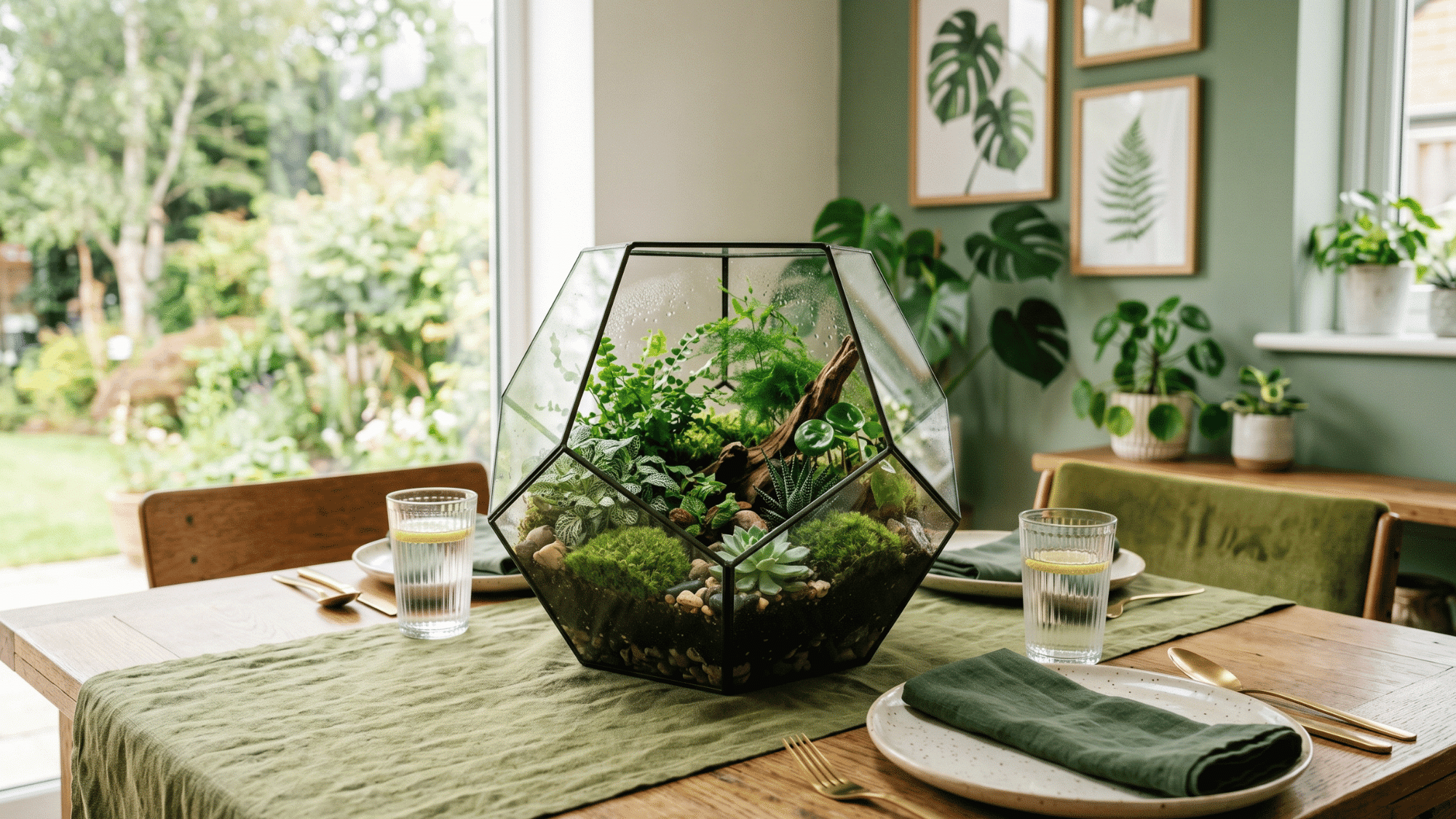 terrarium centerpiece adding greenery and uniqueness to a dining table
