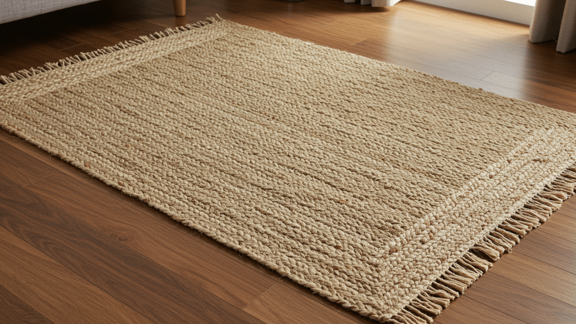 textured beige woven rug with fringed edges placed on wooden floor in a cozy indoor setting