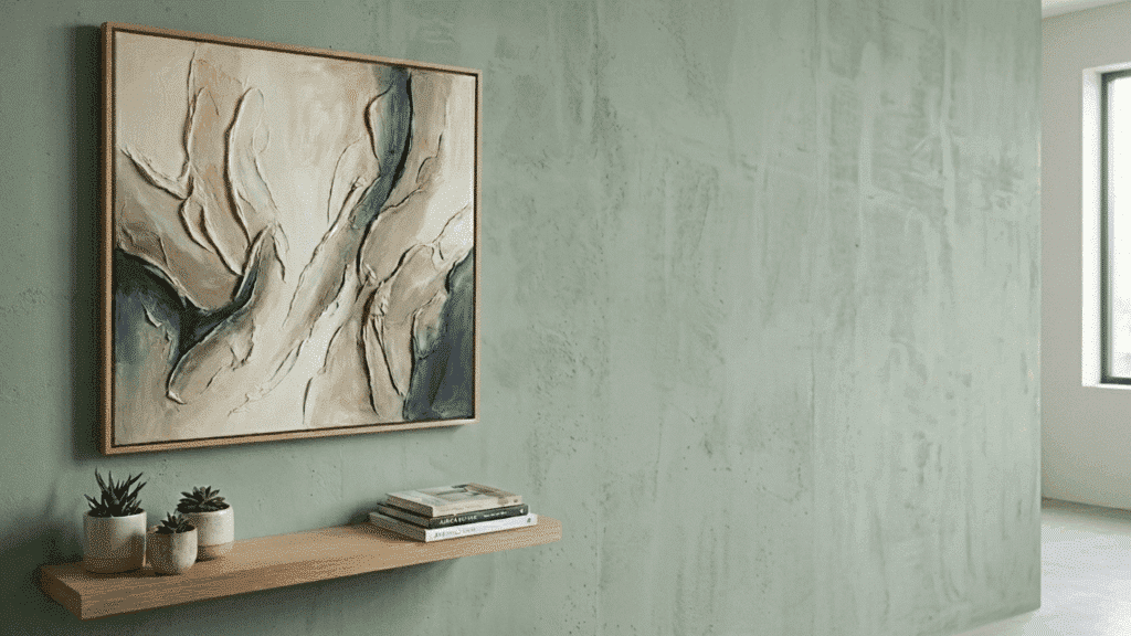 textured canvas wall art with raised patterns in neutral tones on a painted wall. a blue accent wall.