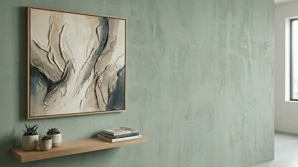 textured canvas wall art with raised patterns in neutral tones on a painted wall. a blue accent wall.