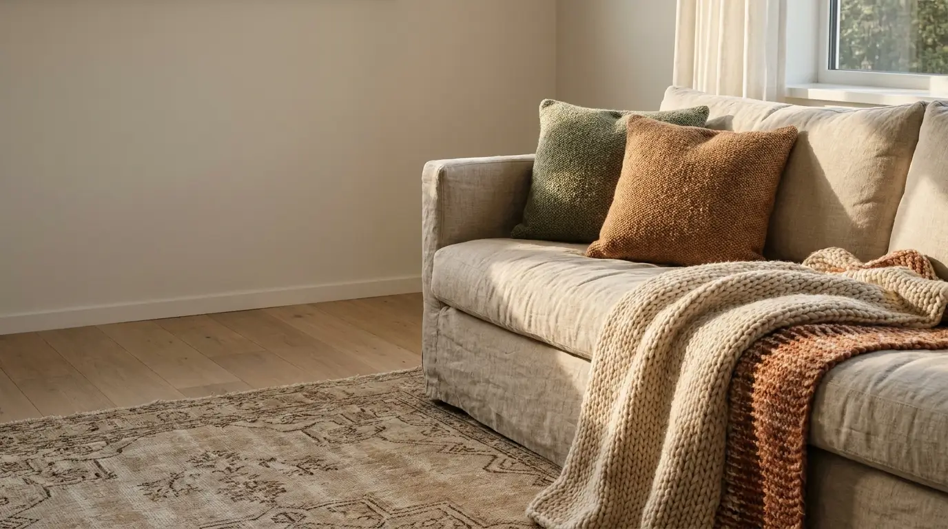 Cozy beige sofa with knitted throws and cushions in sunlit living room corner