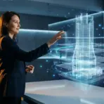 Businesswoman interacting with holographic skyscraper model in futuristic office setting