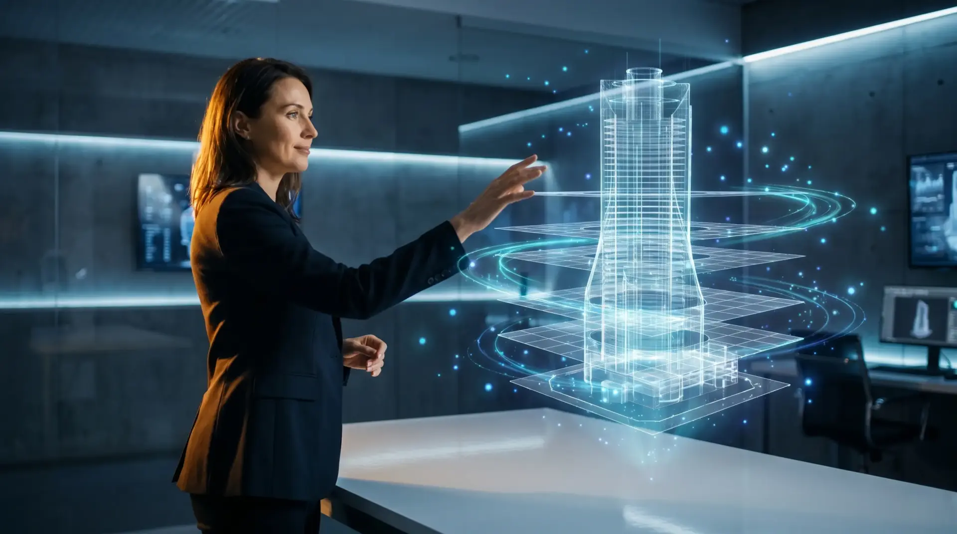 Businesswoman interacting with holographic skyscraper model in futuristic office setting