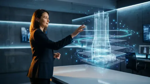 Businesswoman interacting with holographic skyscraper model in futuristic office setting