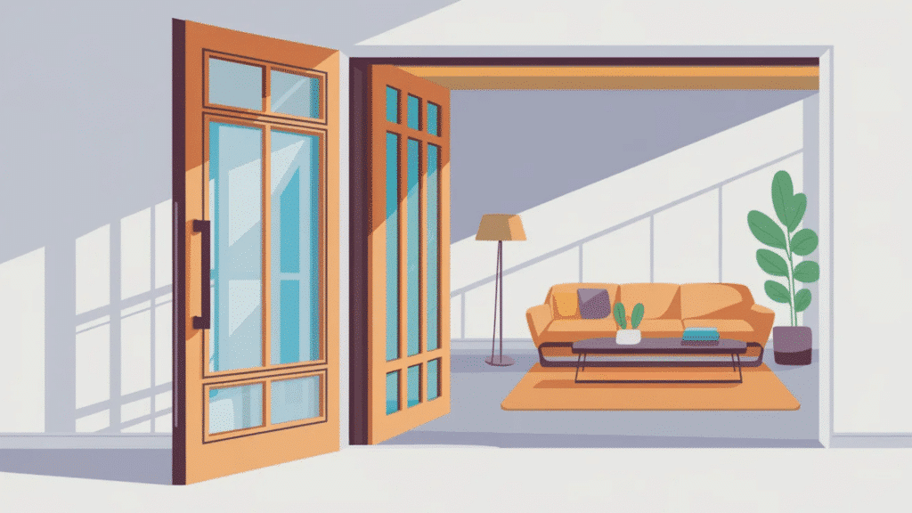 the image shows a stylized illustration of a room with a large open door revealing a sofa, a coffee table, a floor lamp, and potted plants inside.