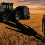 Farmer in denim overalls walking near tractor on harvested field at sunset