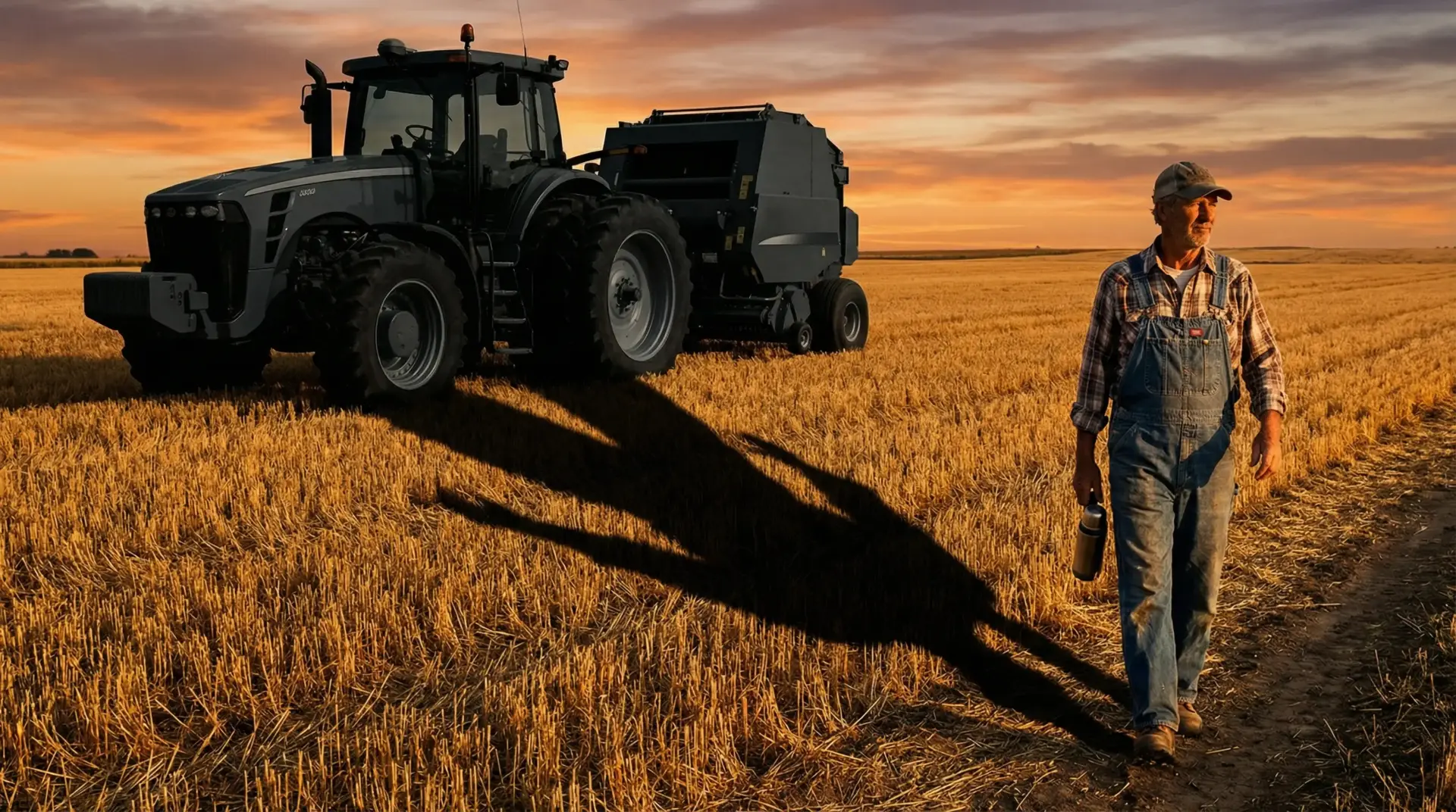 Farmer in denim overalls walking near tractor on harvested field at sunset