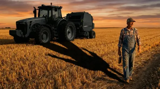 Farmer in denim overalls walking near tractor on harvested field at sunset