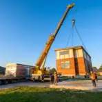 Crane lifting wooden modular home onto foundation in residential area under blue sky