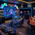 People playing poker and video games in a neon-lit gaming lounge with arcade machines