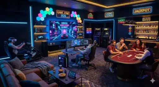 People playing poker and video games in a neon-lit gaming lounge with arcade machines