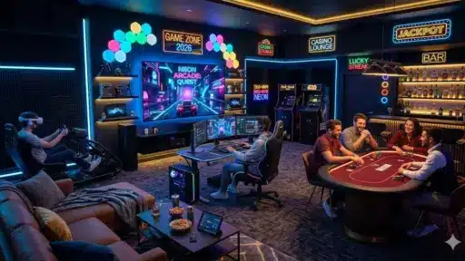 People playing poker and video games in a neon-lit gaming lounge with arcade machines