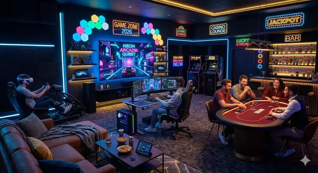 People playing poker and video games in a neon-lit gaming lounge with arcade machines