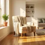 Cozy living room with beige armchair and throw blanket, potted plant on windowsill, natural light