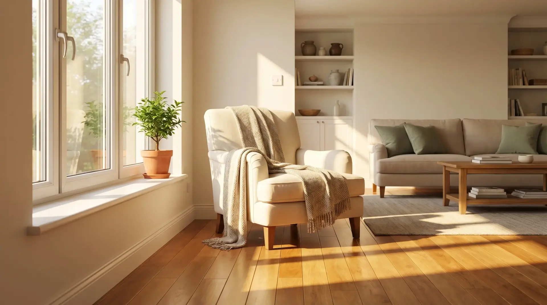 Cozy living room with beige armchair and throw blanket, potted plant on windowsill, natural light