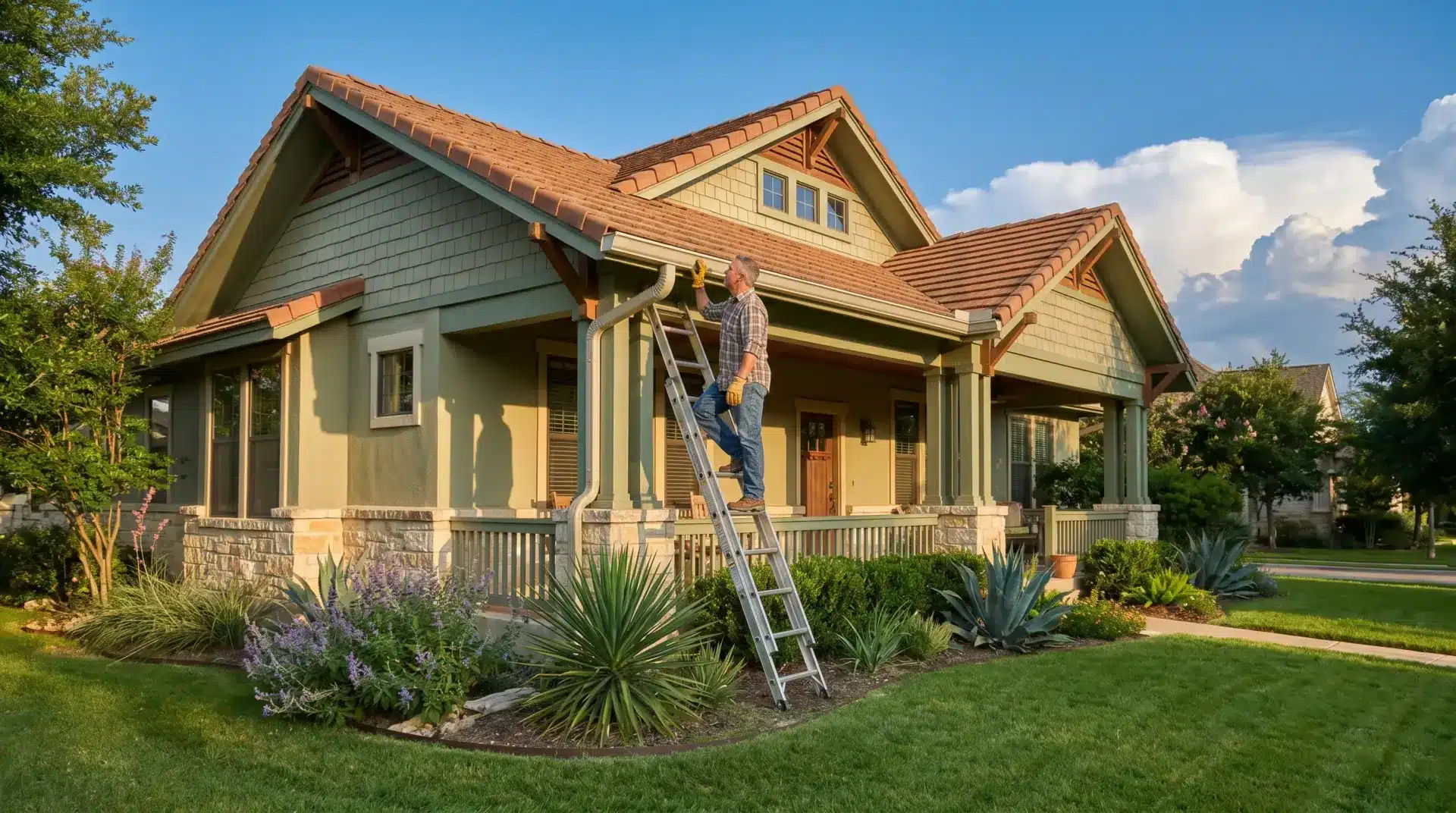 Man on ladder inspecting house gutter in sunlit suburban yard