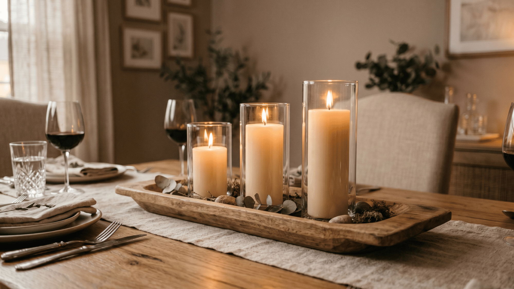 three candles on dining table, soft ambient lighting