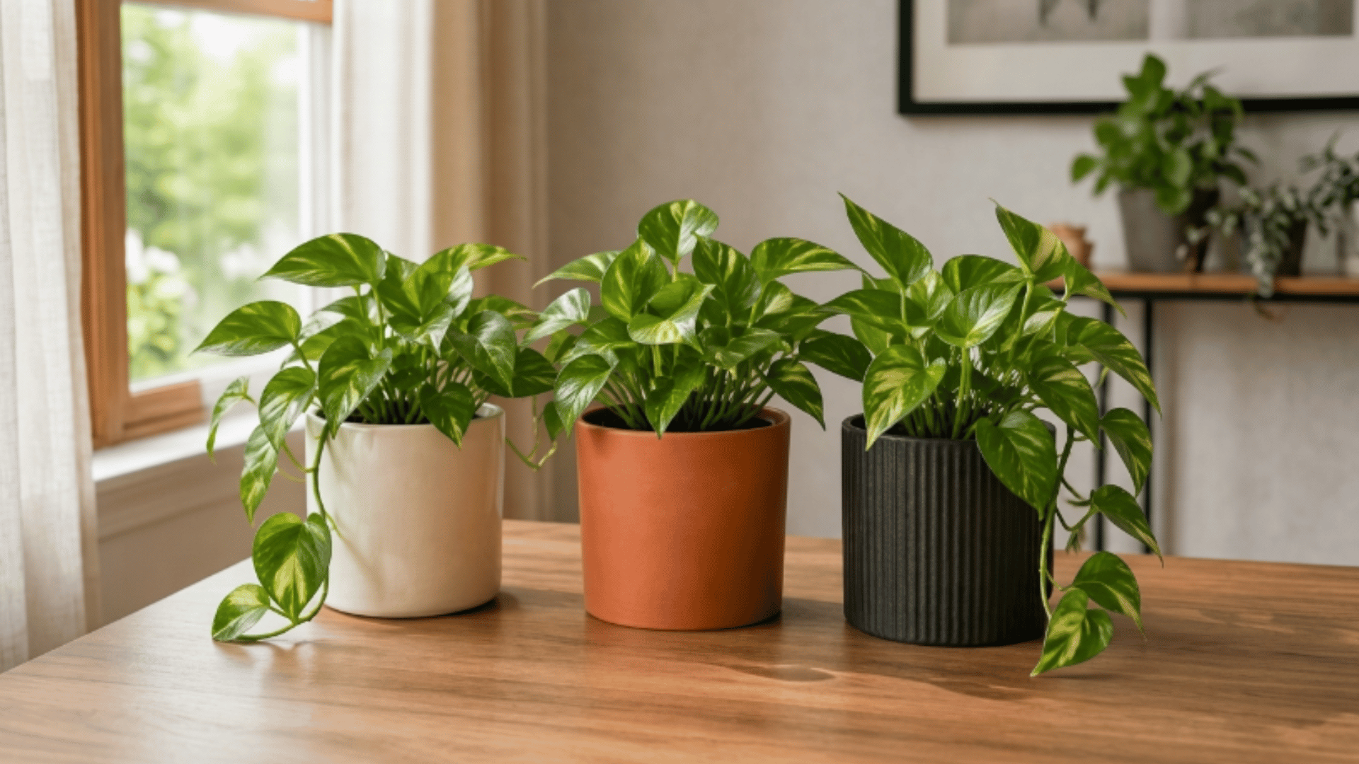 three healthy pothos plants in different pots placed on a wooden table near a window with soft natural light