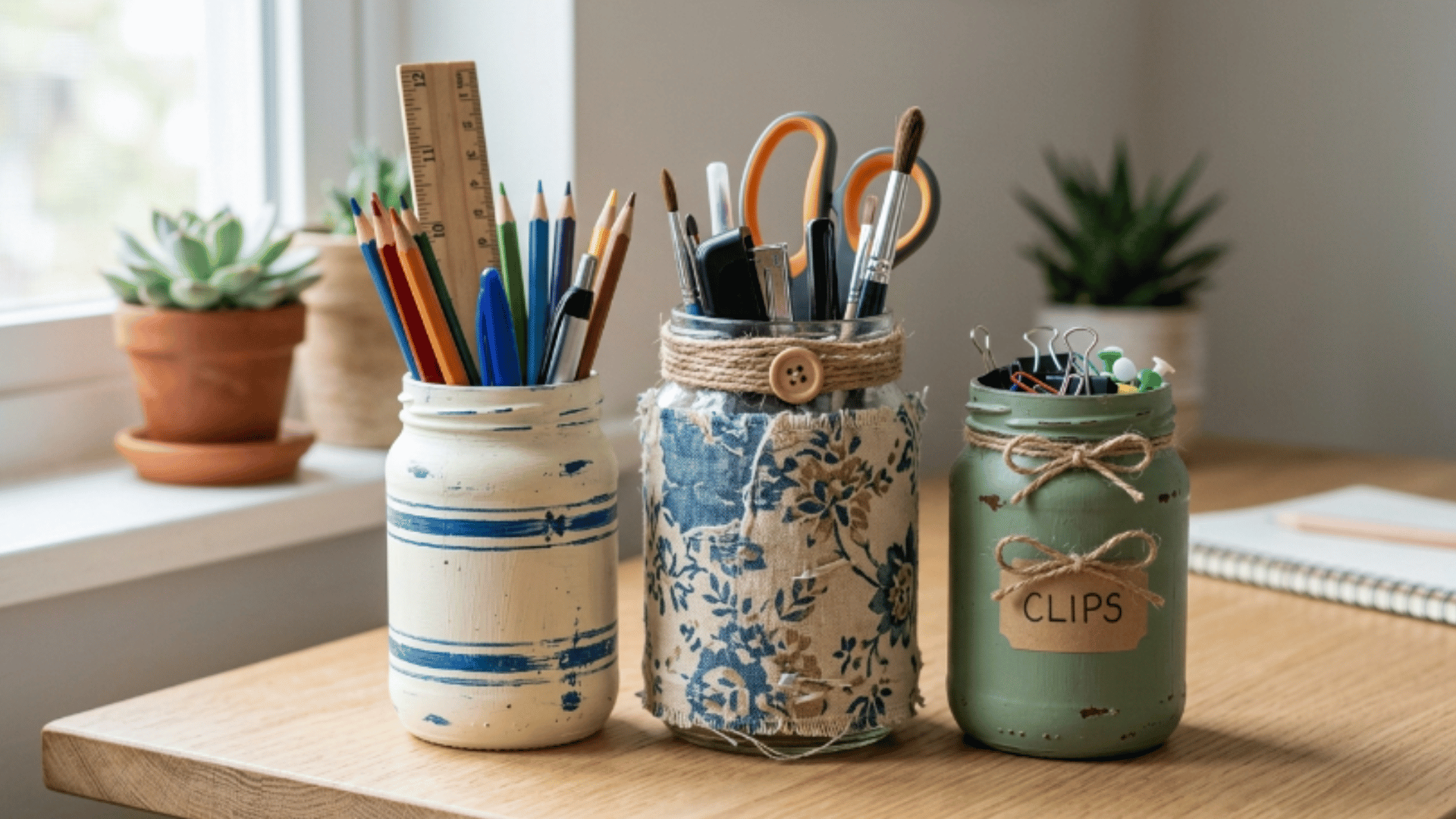 three painted mason jars holding pens scissors and clips on a wooden desk near window with plants
