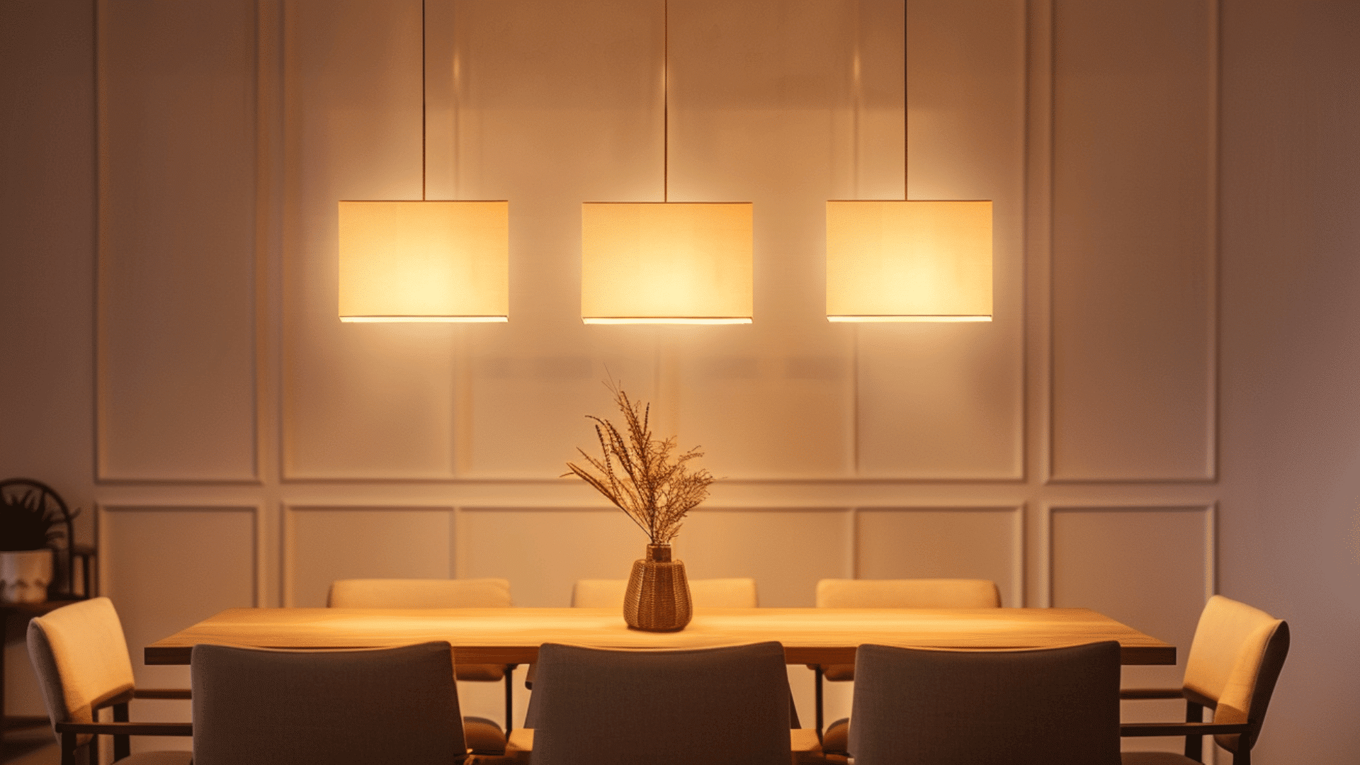 three pendant lights aligned evenly above a rectangular dining table with soft balanced lighting