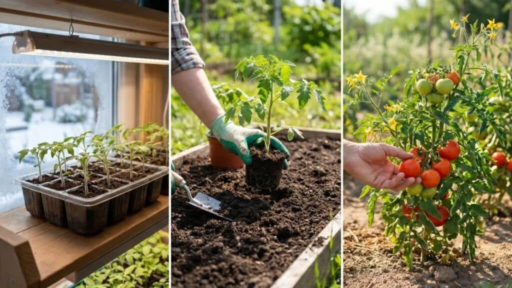 three-stage tomato growing process showing indoor seedlings under grow lights, transplanting a young plant into garden soil, and harvesting ripe tomatoes from a mature plant
