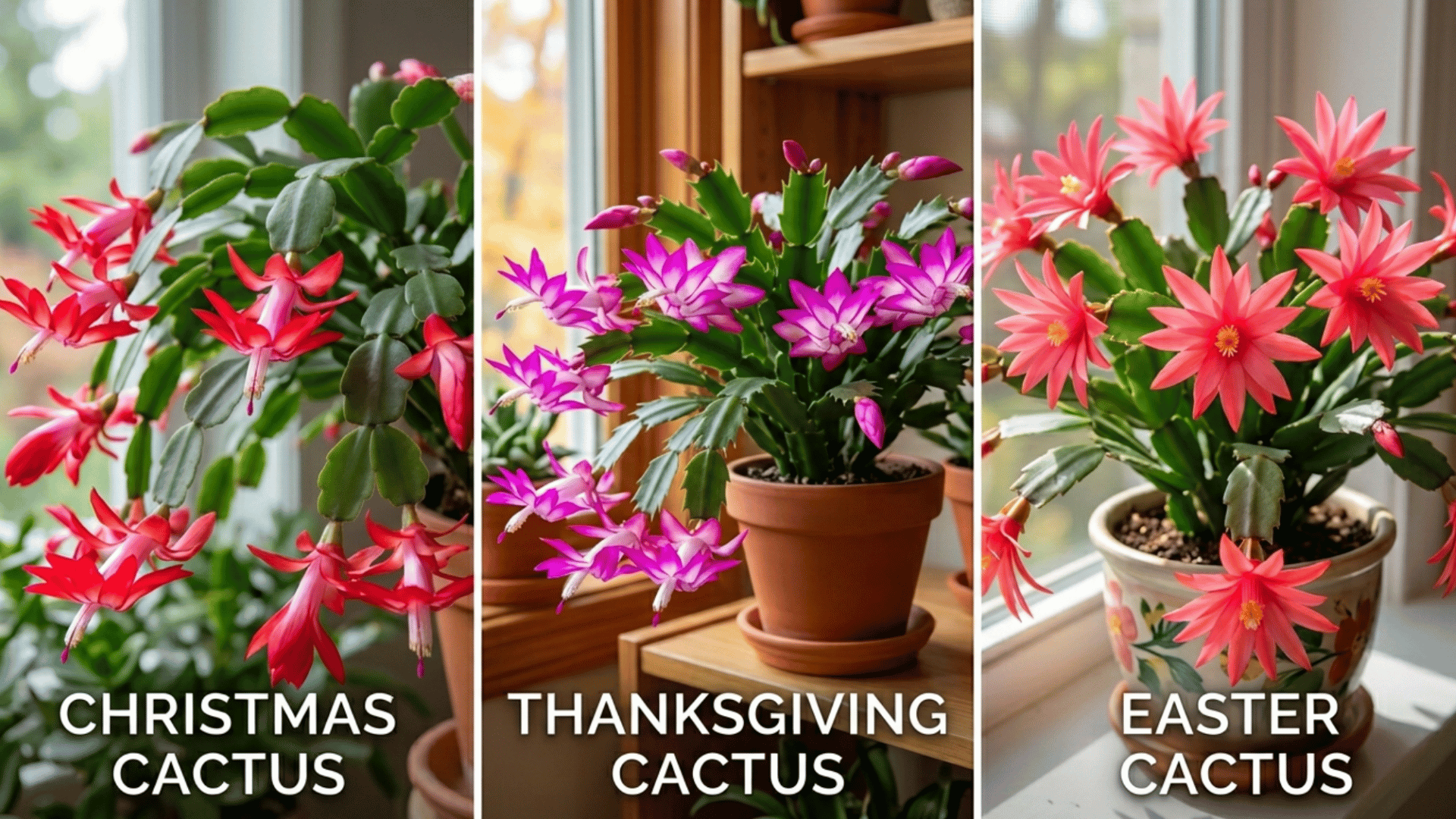 three types of holiday cactus showing christmas, thanksgiving, and easter cactus with different flowers and leaf shapes