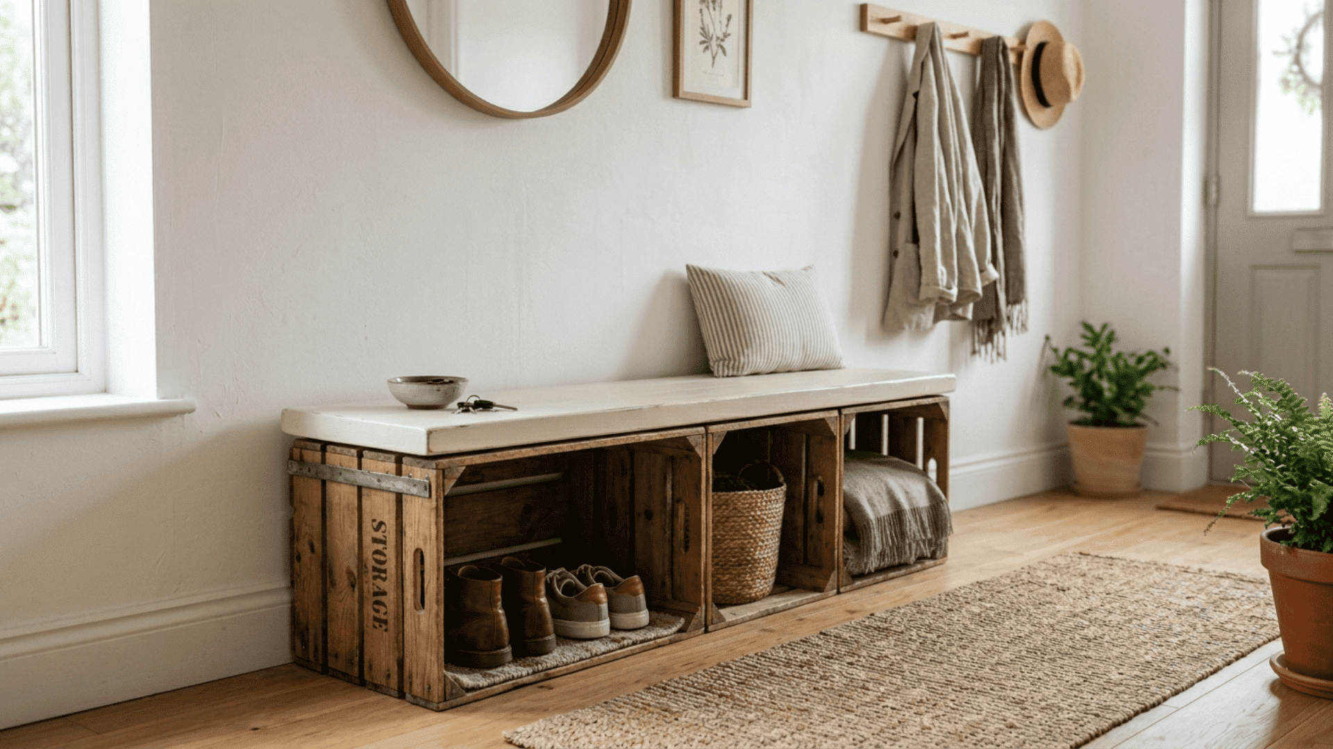 three wooden storage crates secured together as bench base with flat painted board on top in a simple bright entryway