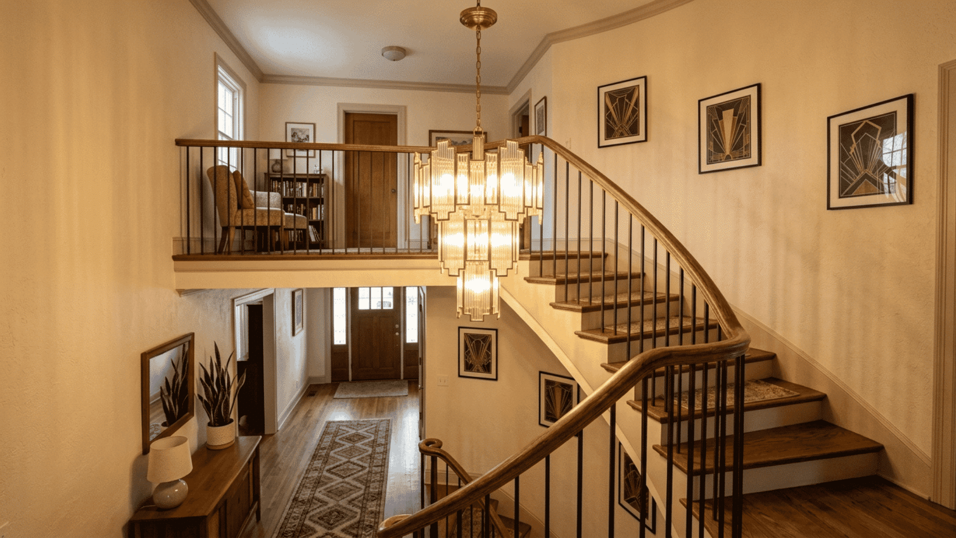 tiered art deco chandelier above residential staircase in modern home with warm lighting and simple interior layout